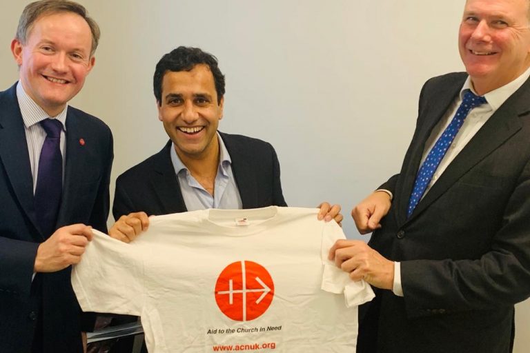 Images: (L-R) John Pontifex, Head of Press & Information, Aid to the Church in Need (UK); MP for Gillingham and Rainham Rehman Chishti, Prime Minister’s Special Envoy for Freedom of Religion or Belief; Neville Kyrke-Smith, National Director, Aid to the Church in Need (UK) (© Aid to the Church in Need)