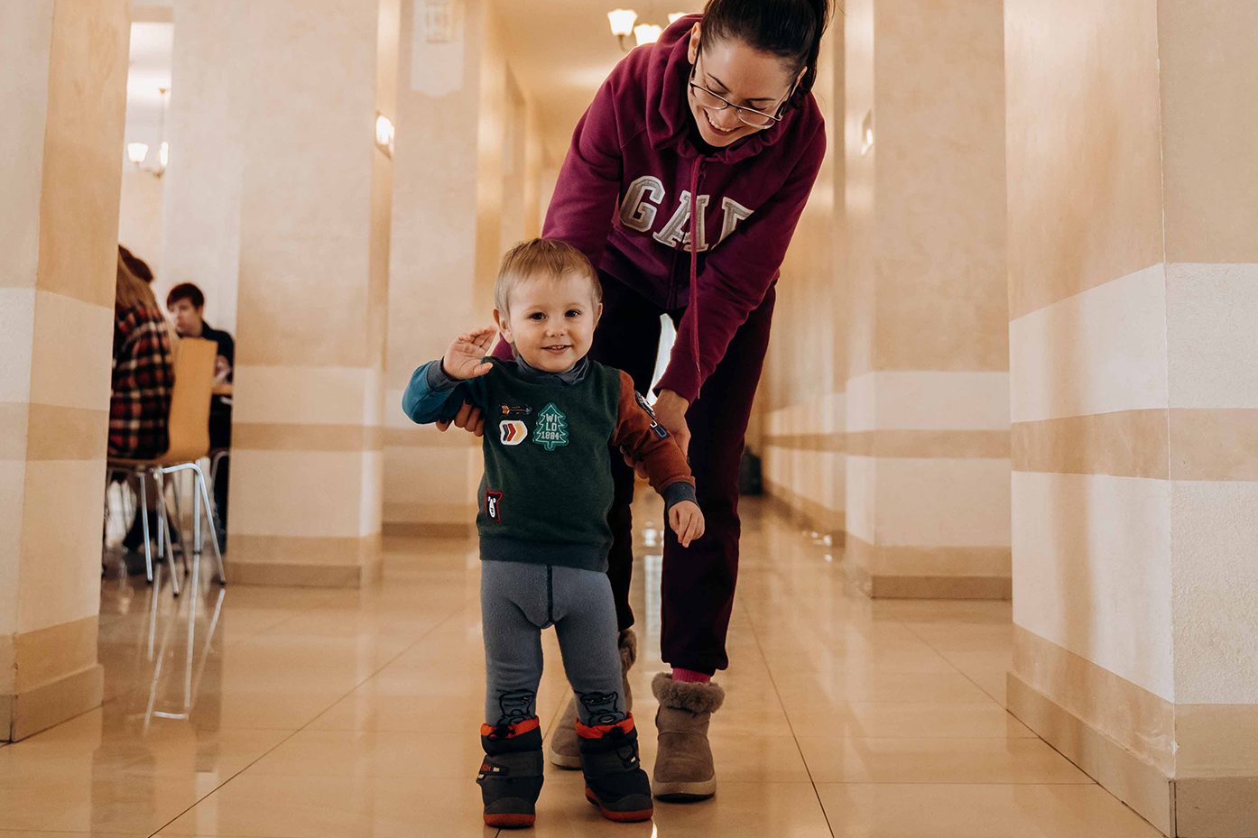 IDP mother and child sheltering in the seminary in Ivano-Frankivsk.