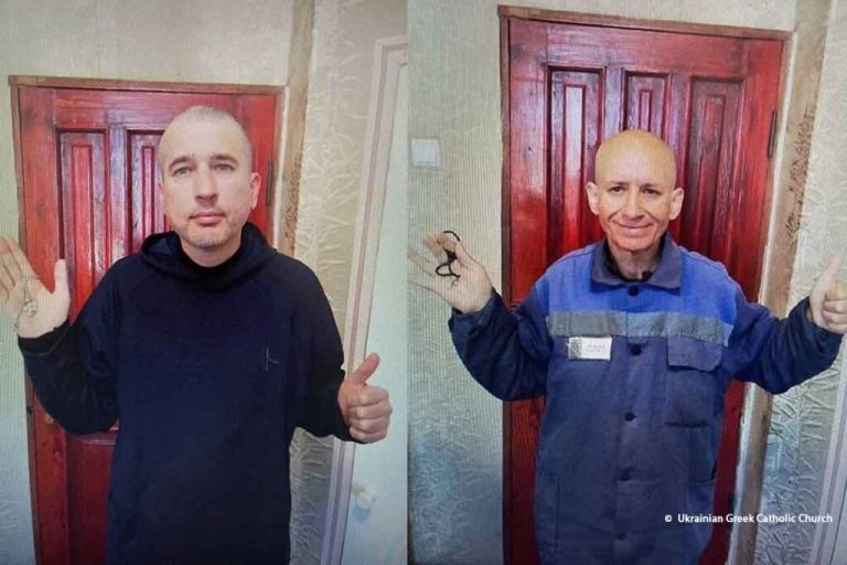 Ukrainian Redemptorist Fathers Ivan Levytsky and Bohdan Geleta in Russian detention (© Ukrainian Greek Catholic Church)